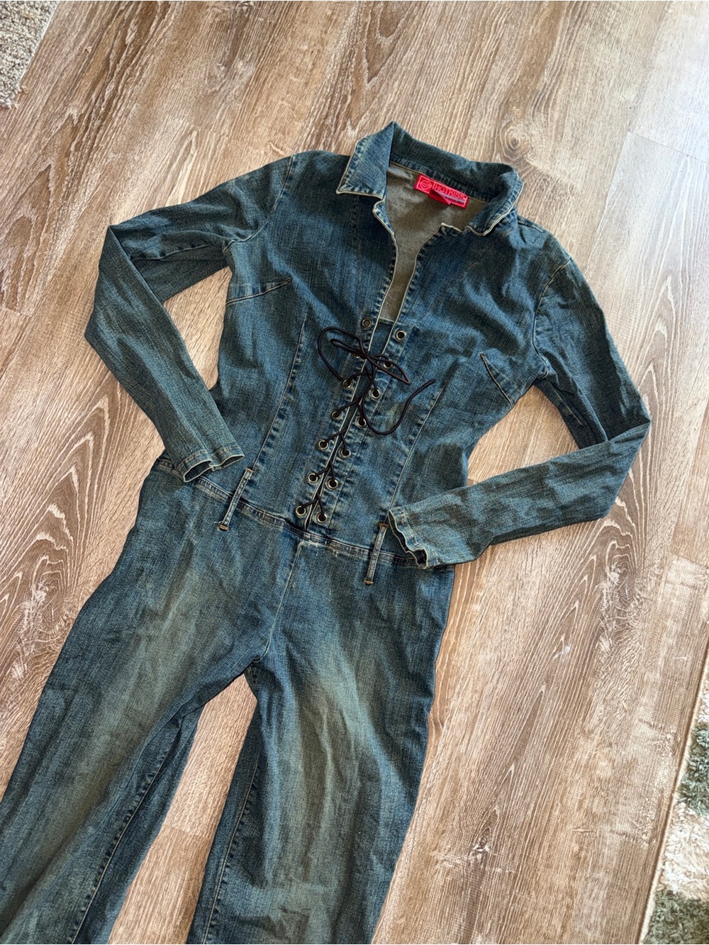 Vintage Y2K Denim Lace-Up Jumpsuit - Blue